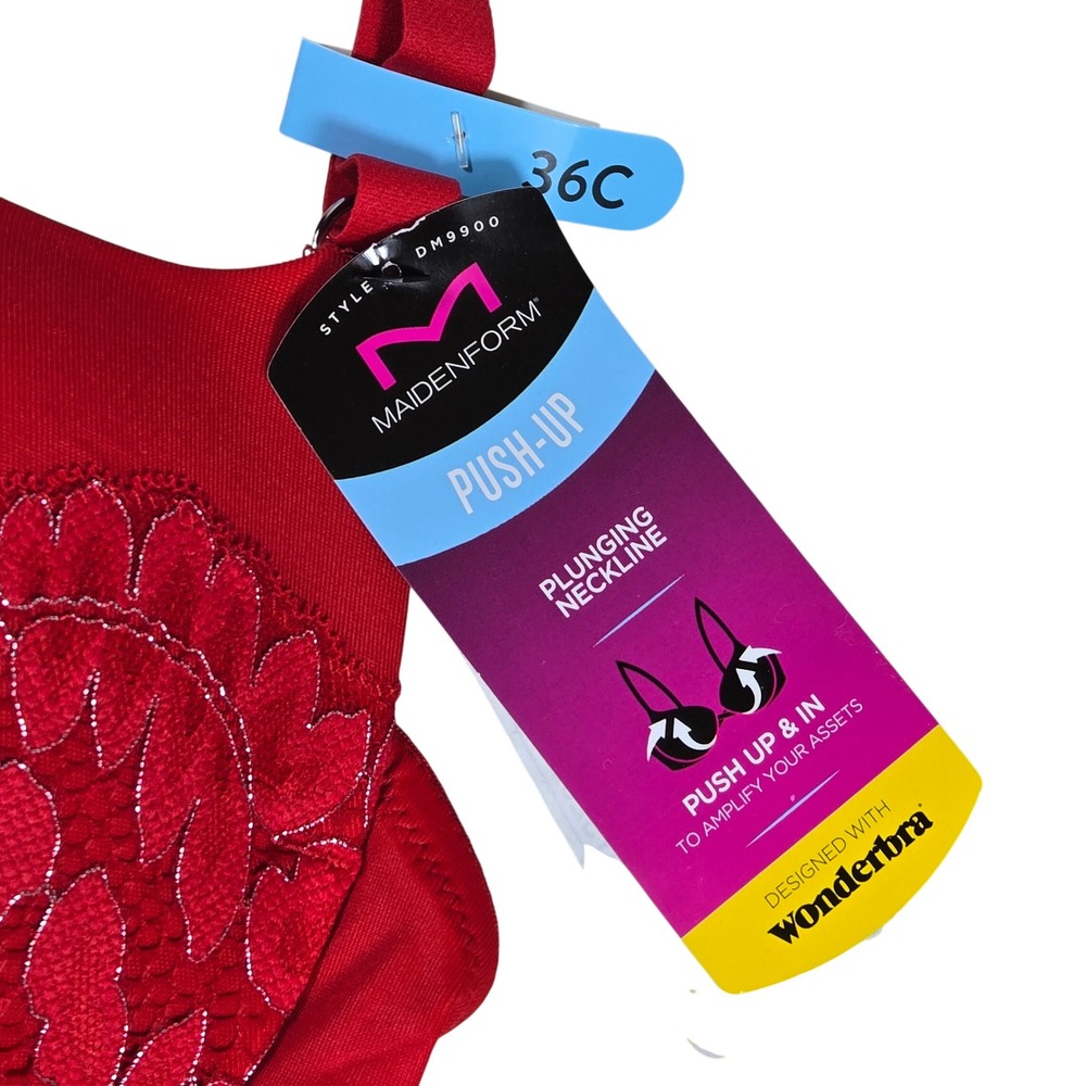 Maidenform Love The Lift Push Up Bra 36C Red Lace Plunging Neckline DM9900 - Picture 3 of 10